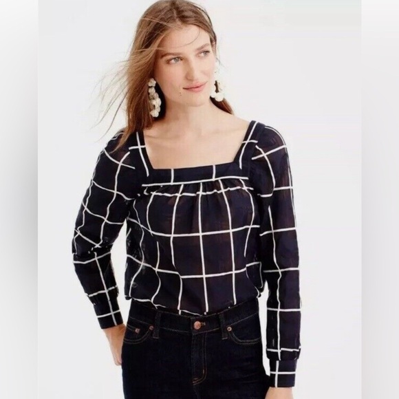 Women’s J. Crew penny windowpane navy and white long sleeve blouse, size: 0 - Picture 1 of 4